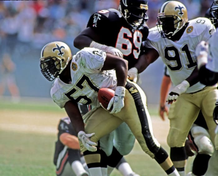 Sep 29, 1991; Atlanta, GA, USA; FILE PHOTO; New Orleans Saints linebacker (57) Rickey Jackson recovers a fumble against the Atlanta Falcons. Mandatory Credit: Manny Rubio-USA TODAY Sports